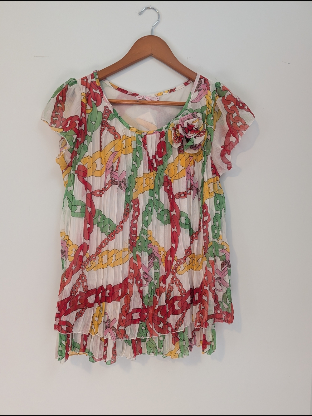 Pleated Chain-Print Short Sleeve Blouse - White/Multi